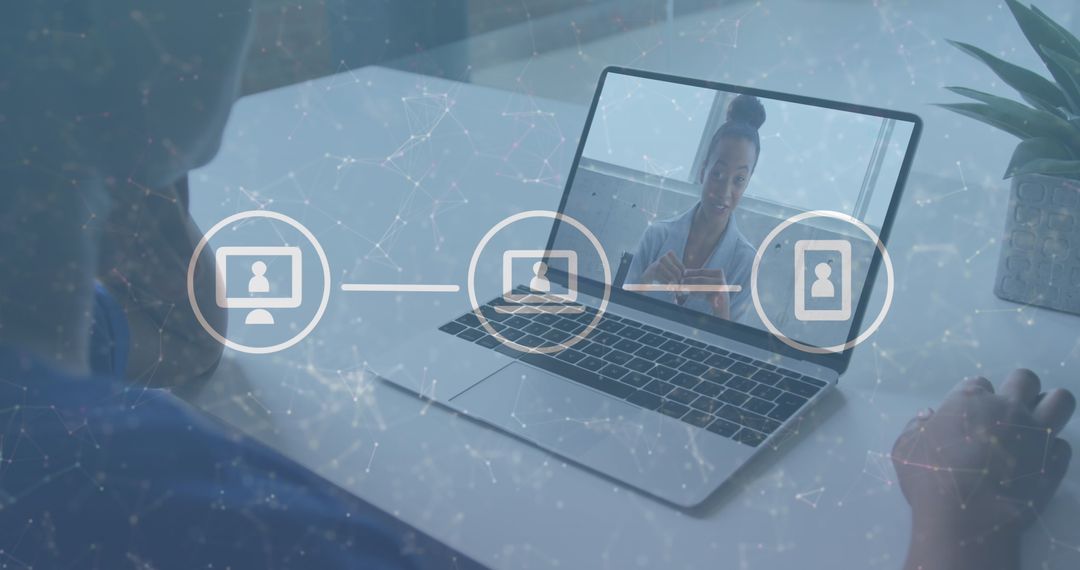 Woman Having Video Call with Digital Network Interface Overlay