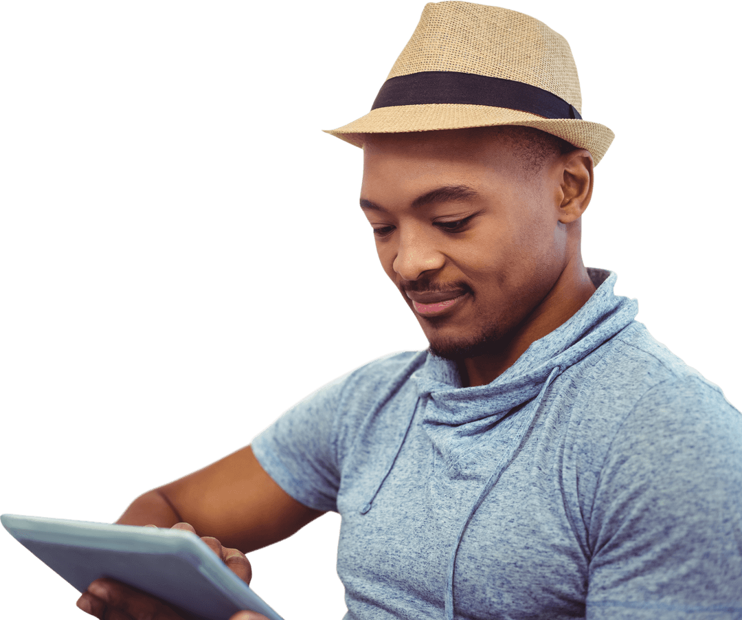 Smiling Biracial Man Using Tablet on Transparent Background