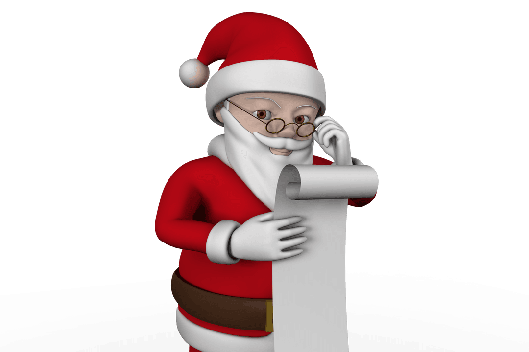 Transparent Cartoon Santa Reading Long List with Glasses