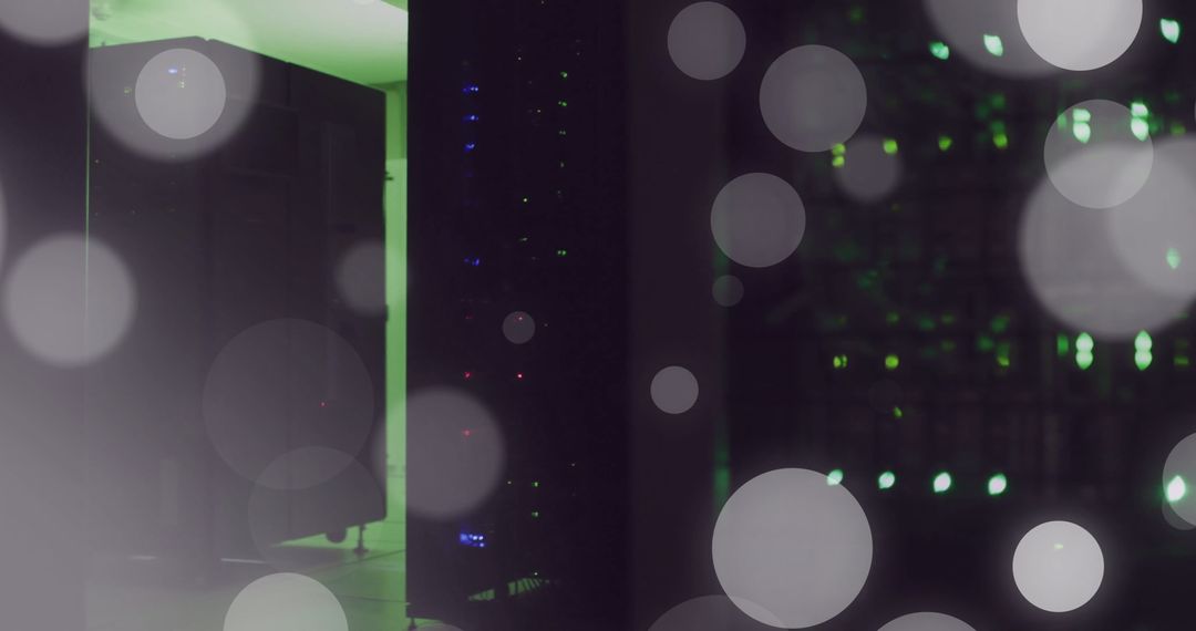 High-Tech Data Center with Illuminated Servers and Digital Graphics