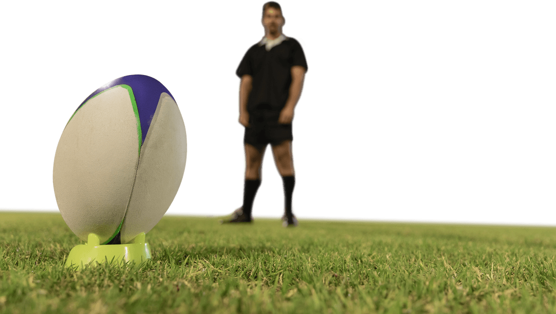 Transparent Rugby Player Setting Up Kick on Field Sunny Day
