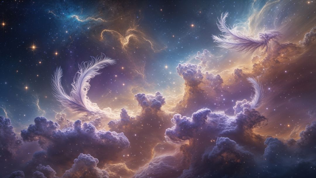 Ethereal Feathers Floating Amidst Starry Night Nebula