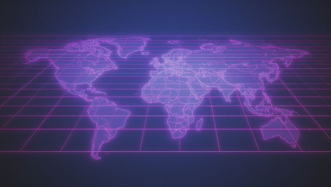 Holographic World Map on Neon Grid Illustrating Futuristic Technology