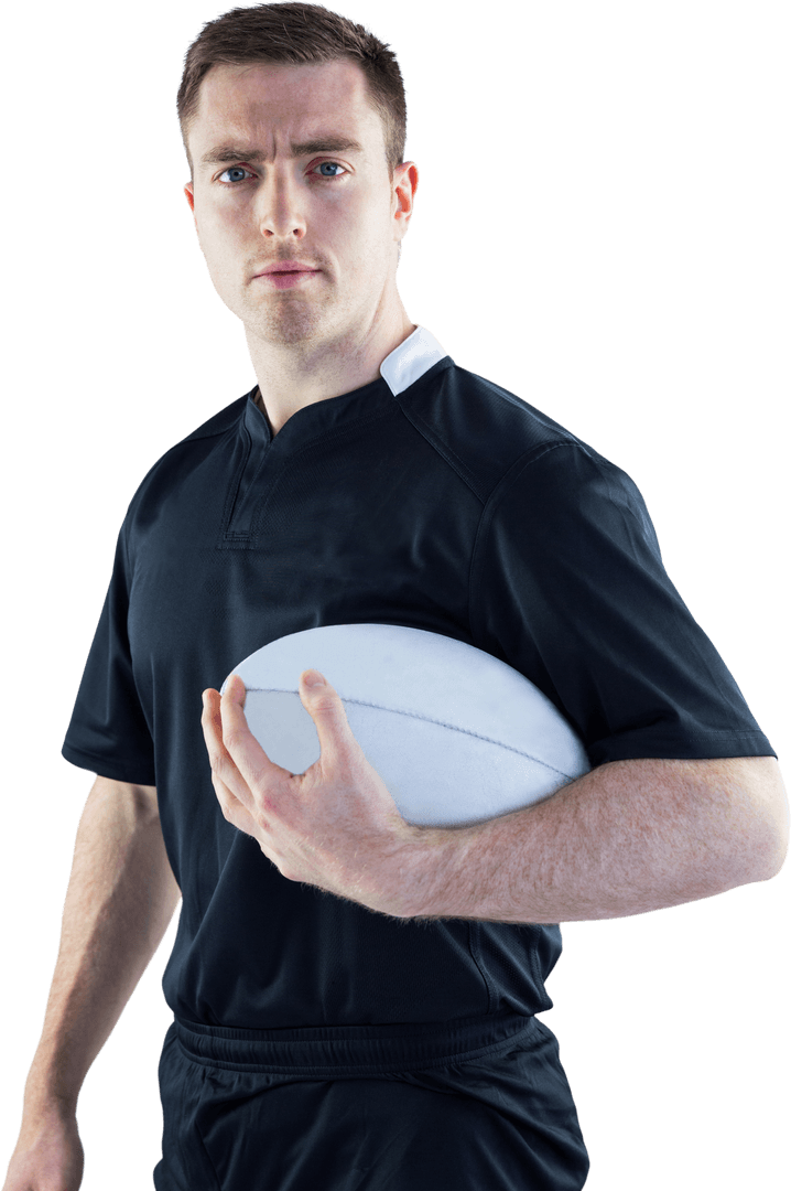 Transparent Portrait of Rugby Player Holding Ball in Black Uniform