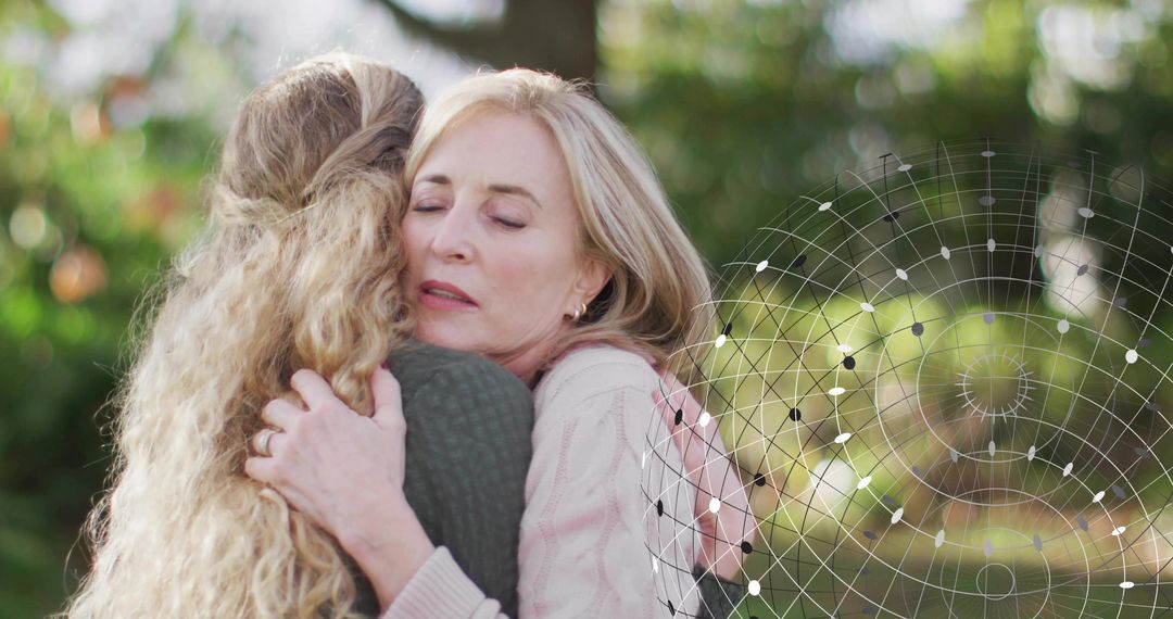 Mother and Daughter Embracing Comforting Hug in Garden with Geometric Network Overlay and Bokeh