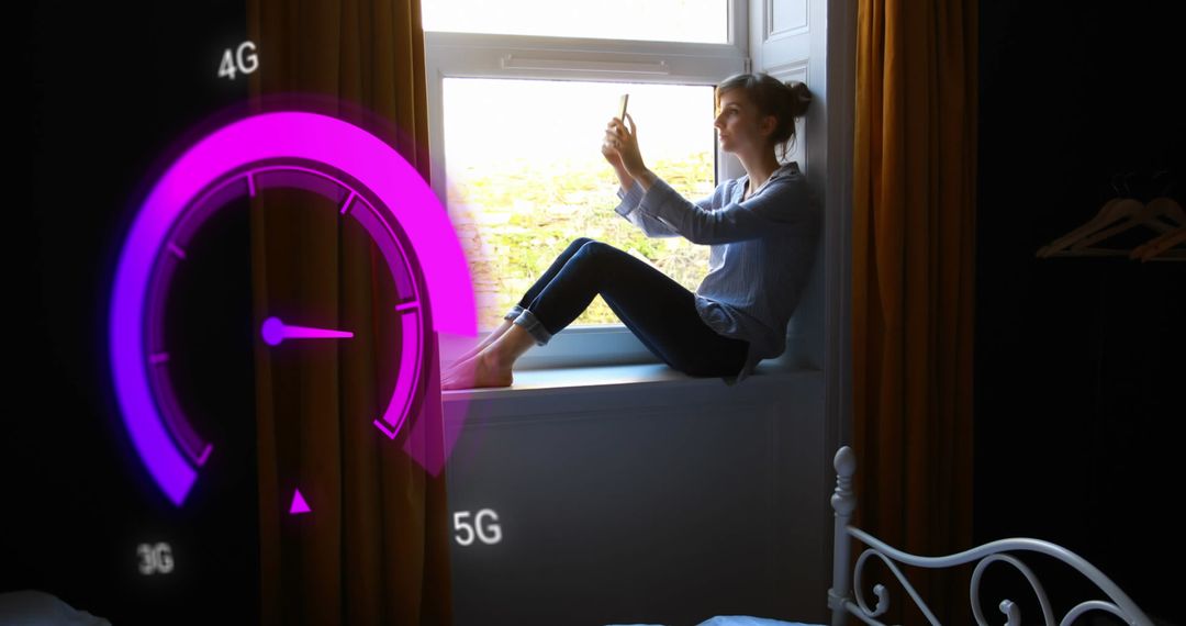 Woman Using Smartphone Displaying Digital Network Speedometer