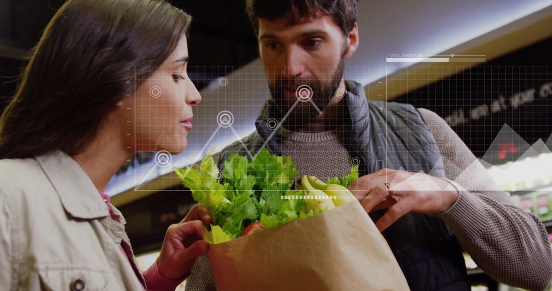 Couple Analyzing Grocery Shopping Patterns with Data Visualization Overlay
