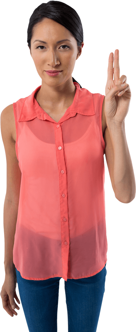Smiling Woman Gesturing Peace Sign on Transparent Background