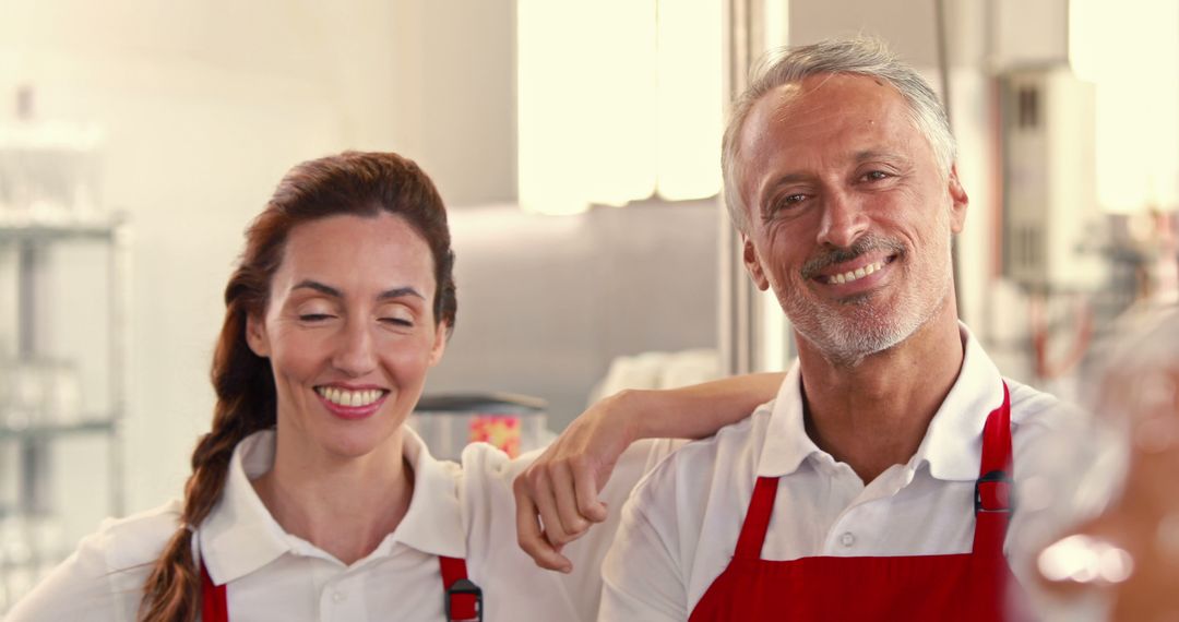 Happy Middle-aged Waitstaff in Red Aprons Smiling - Free Images, Stock Photos and Pictures on Pikwizard.com