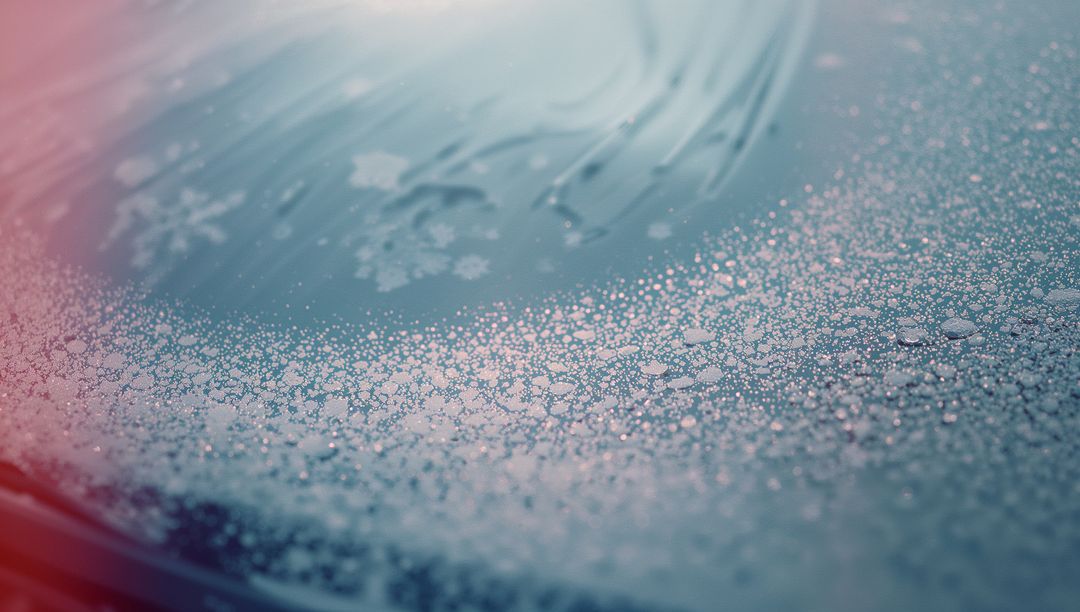 Frost Crystals and Water Droplets on Car Windshield