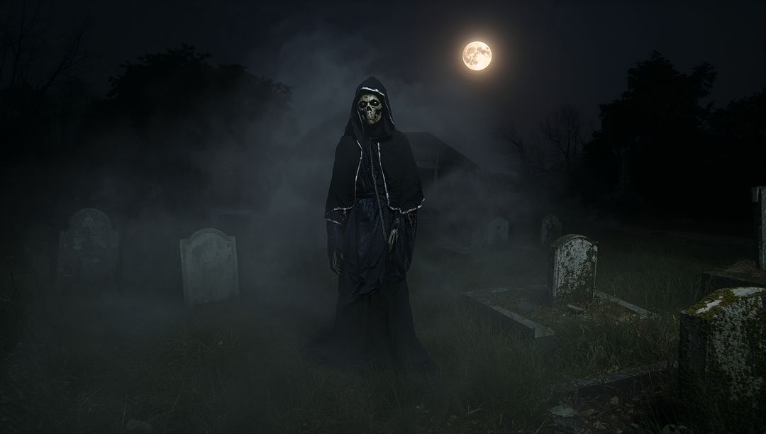 Skeletal Figure in Black Cloak Haunting Moonlit Cemetery