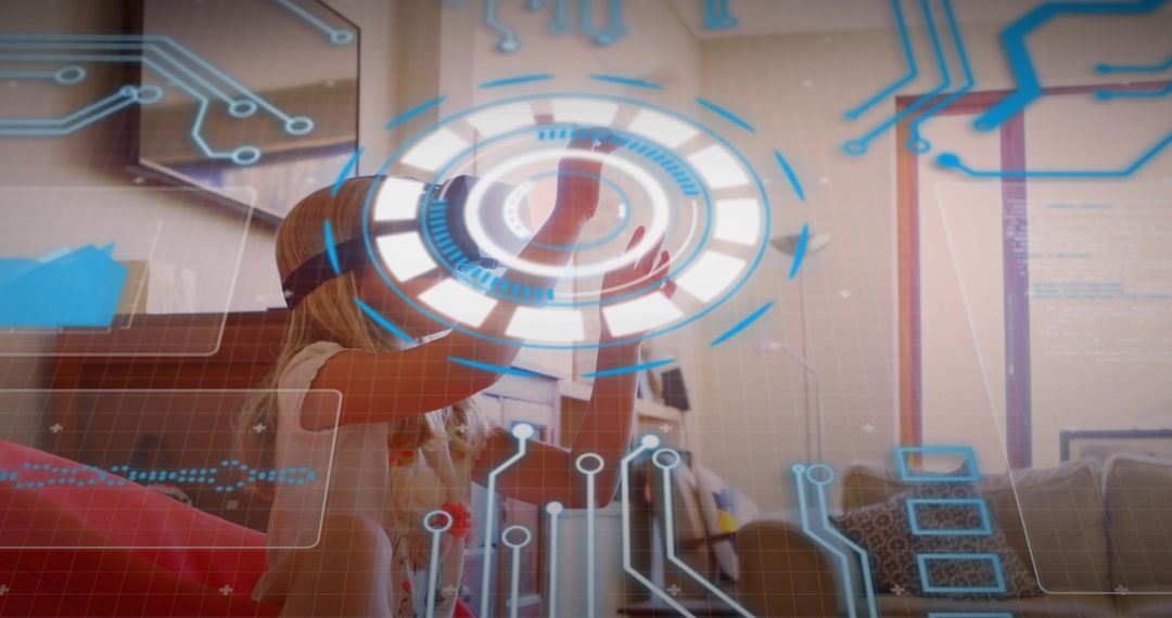 Child Wearing VR Headset Manipulating Holographic Interface at Home for Learning and Play