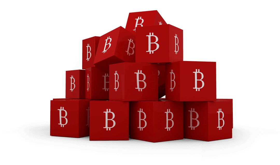 Transparent Stacked Red Cubes Displaying Bitcoin Symbol