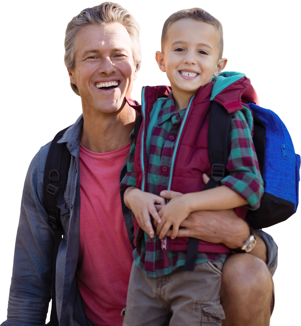 Transparent Smiling Father and Son with Backpacks Posing Together - Download Free Stock Images Pikwizard.com