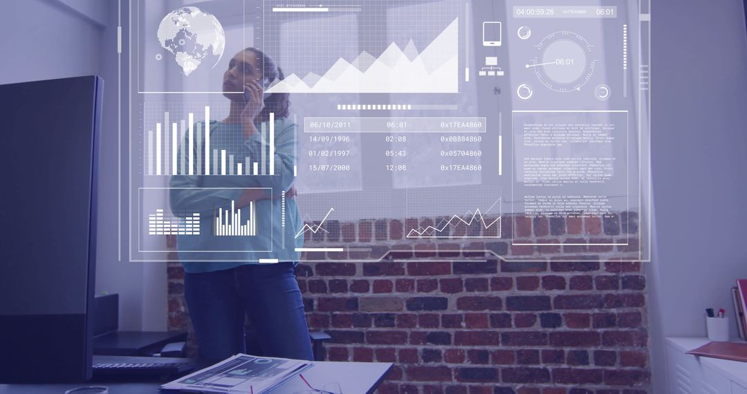 Woman Analyzing Holographic Financial Data in Modern Office