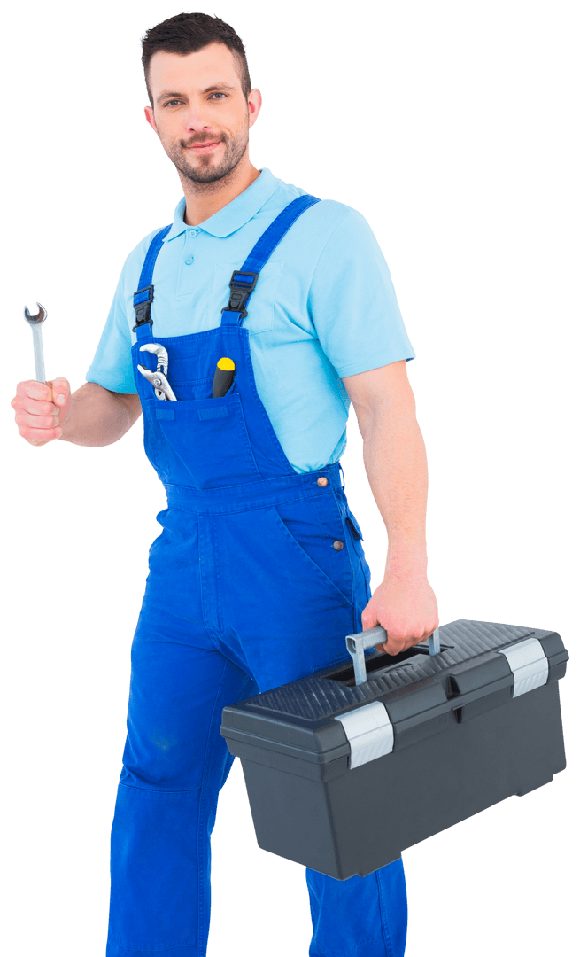 Confident Repairman Holding Toolbox with Spanner on Transparent Background