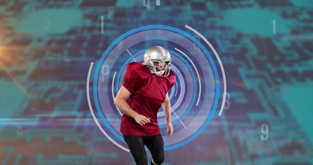 Rugby Player in Helmet with Futuristic Digital Interface Concept
