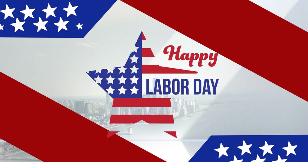 Happy Labor Day Banner with American Flag and Cityscape Background