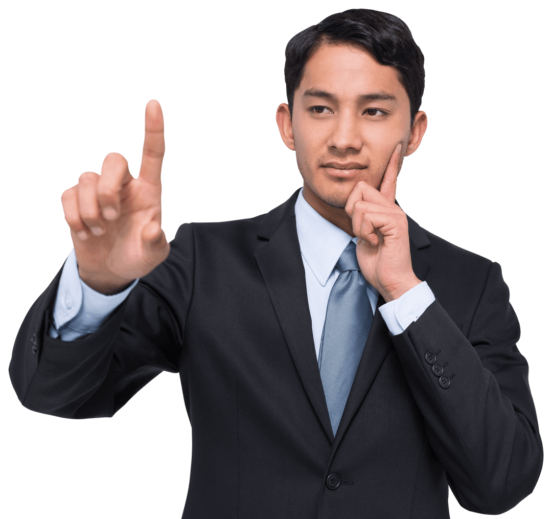 Intelligent Biracial Businessman Using Virtual Interface on Transparent Background