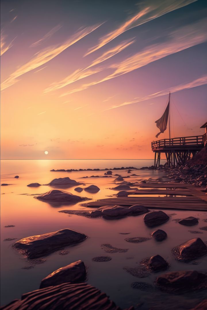 Serene Beach Sunset with Pier and Sails - Free Images, Stock Photos and Pictures on Pikwizard.com