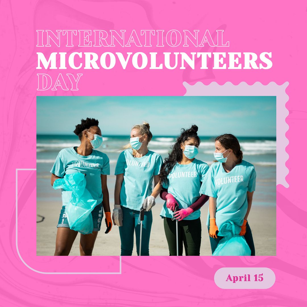 Diverse Volunteers Celebrating International Microvolunteers Day on Beach
