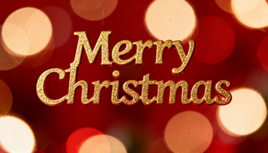 Golden Glitter Merry Christmas Text with Warm Bokeh Lights for Festive Holiday Greetings