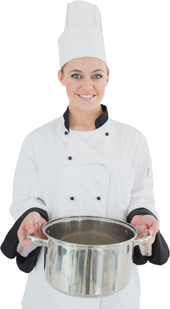 Happy Female Chef Holding Transparent Pot in Kitchen Uniform - Download Free Stock Images Pikwizard.com