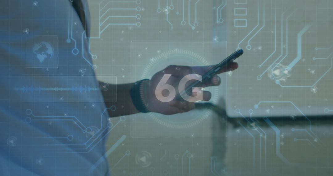 Man Using Smartphone with 6G Technology Overlay and Circuit Graphics