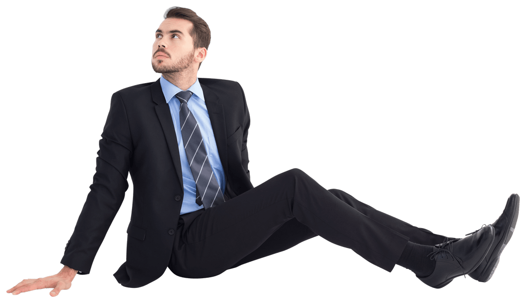 Transparent Businessman in Suit Sitting on Floor Looking Up