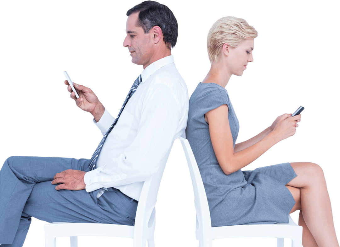 Business Professionals Back-to-Back Messaging on Transparent Background