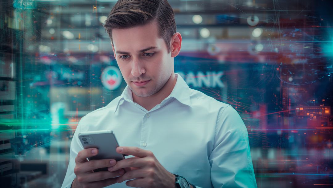 Business Professional Reviewing Data on Smartphone in Bank Environment