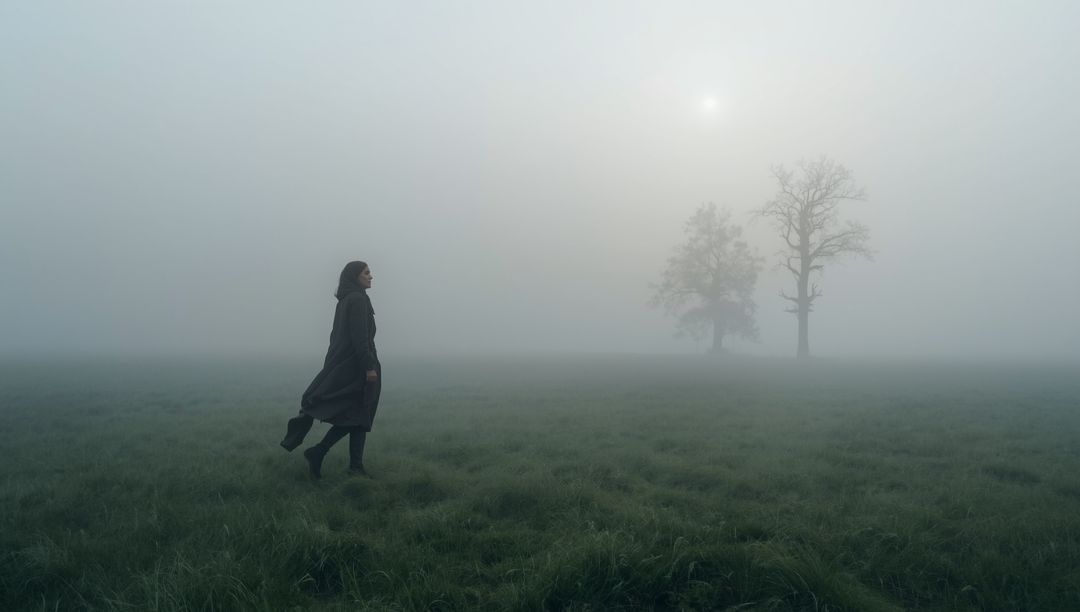 Woman Walking Across Foggy Meadow in Dark Coat and Boots