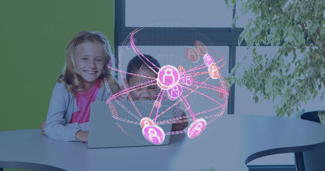 Father and daughters studying on laptop with holographic digital globe, modern learning