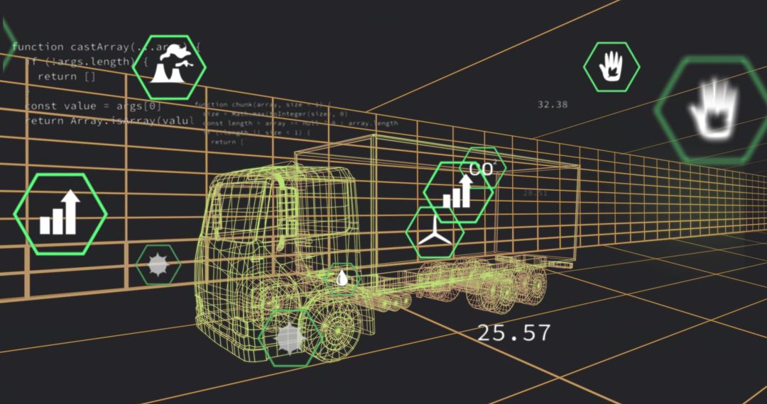 3D Wireframe Truck with Digital Interface and Analytics Icons