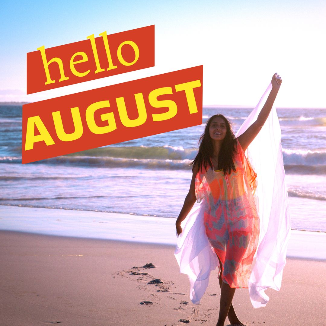Joyful Summer Beach Scene with Hello August Typography