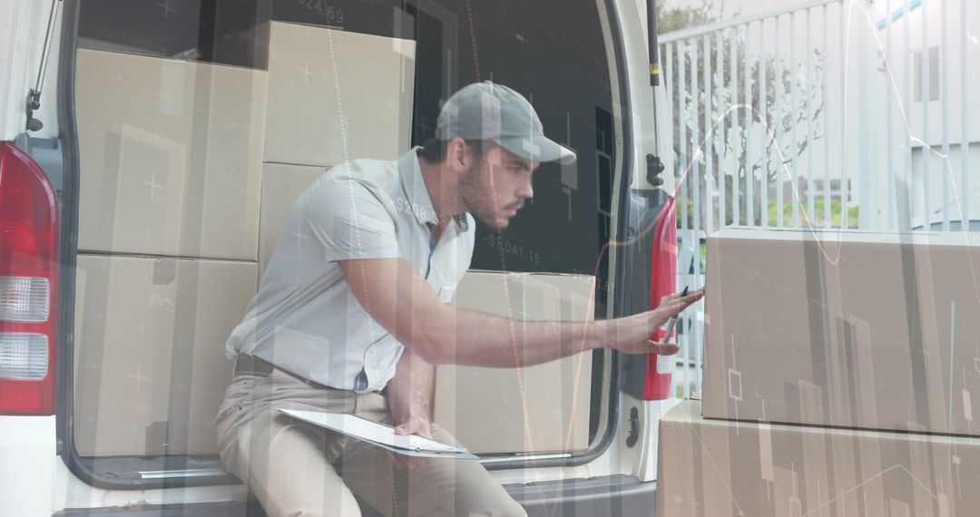 Delivery Man Handling Packages with Overlayed Data Graphics