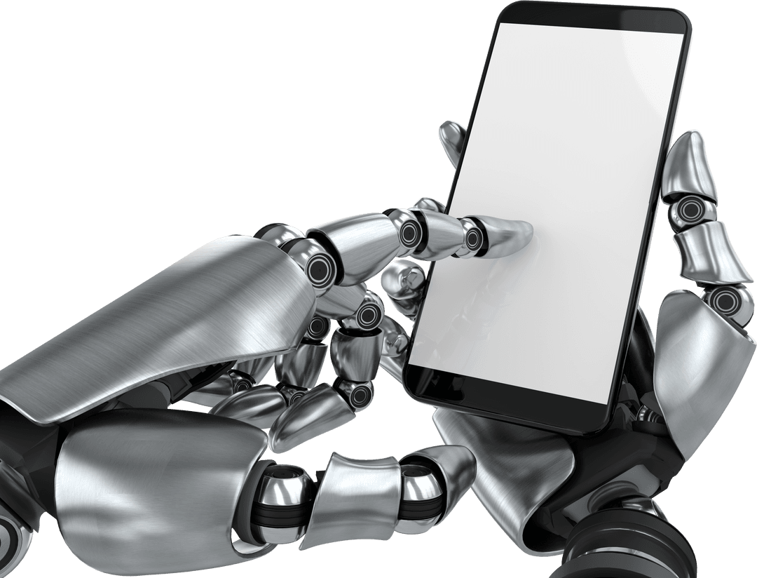 Robotic Hands Engaging with Smartphone on Transparent Background