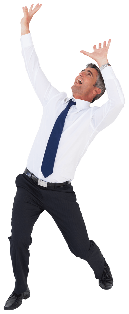 Enthusiastic Businessman Celebrating with Raised Hands