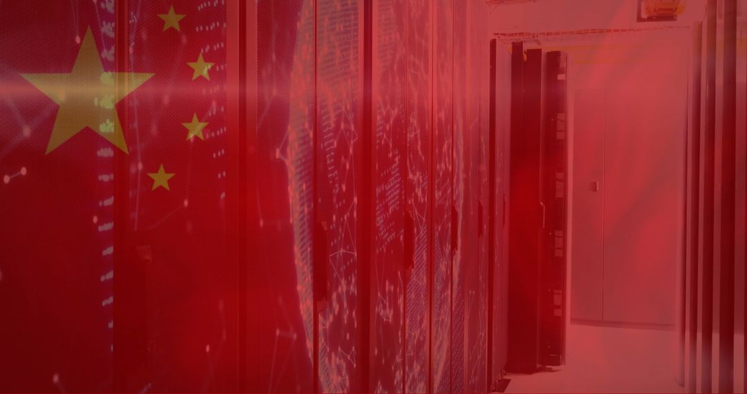 China Flag Overlaid on Data Servers Indicates Global Network Influence