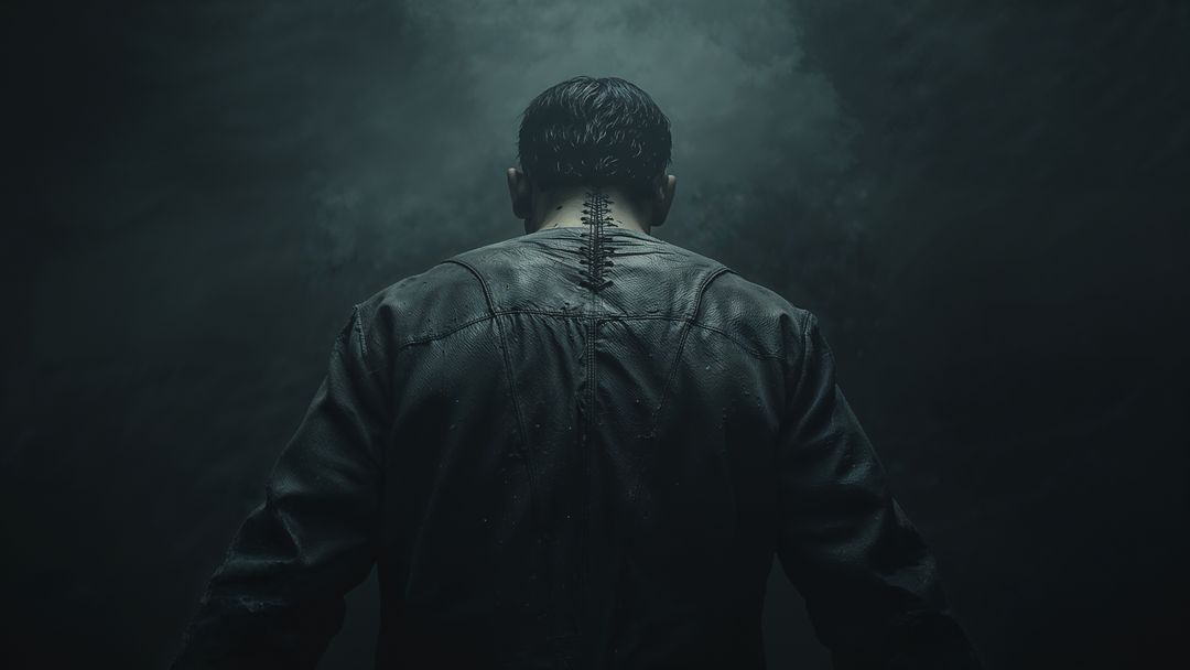 Mysterious frankenstein figure wearing deep-cut jacket under eerie lighting