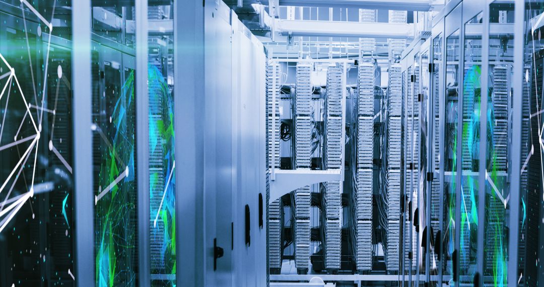 Modern Server Room with Digital Data Flow