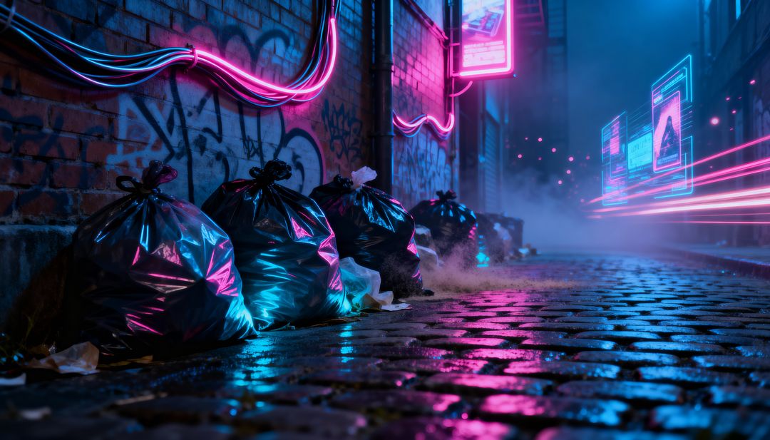 Neon-lit alley with garbage bags reflecting magenta and cyan on wet cobblestone