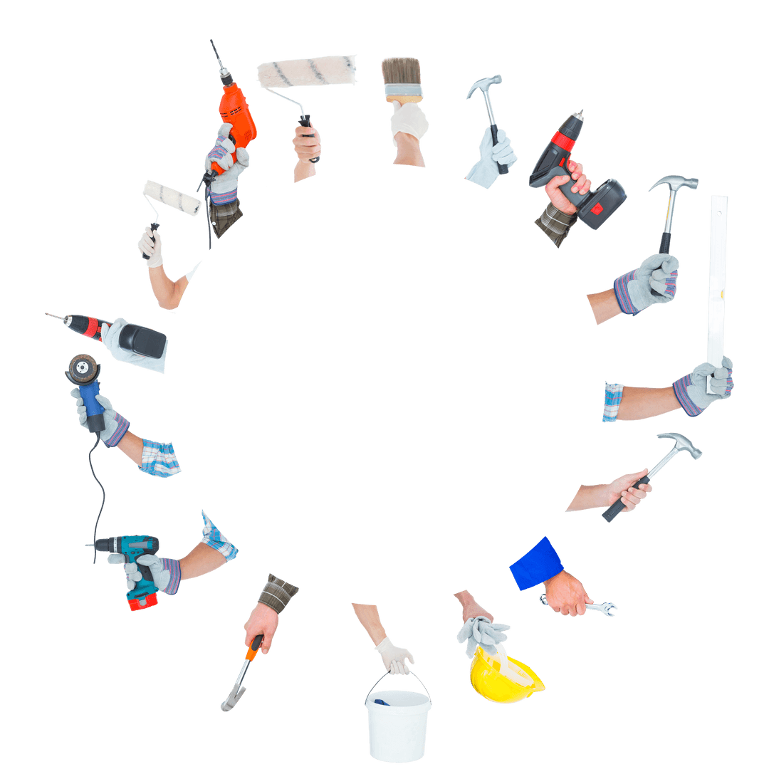 Hands Holding Various Work Tools Isolated on Transparent Background