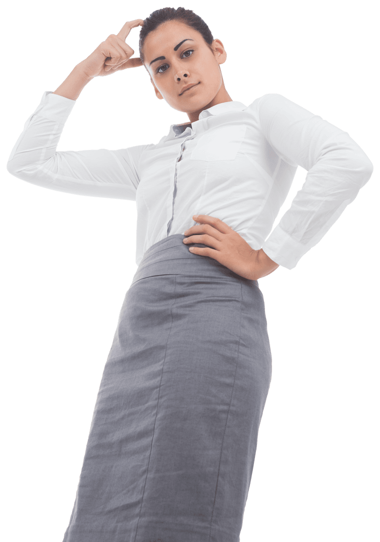 Focused Businesswoman with Gesture on Transparent Background