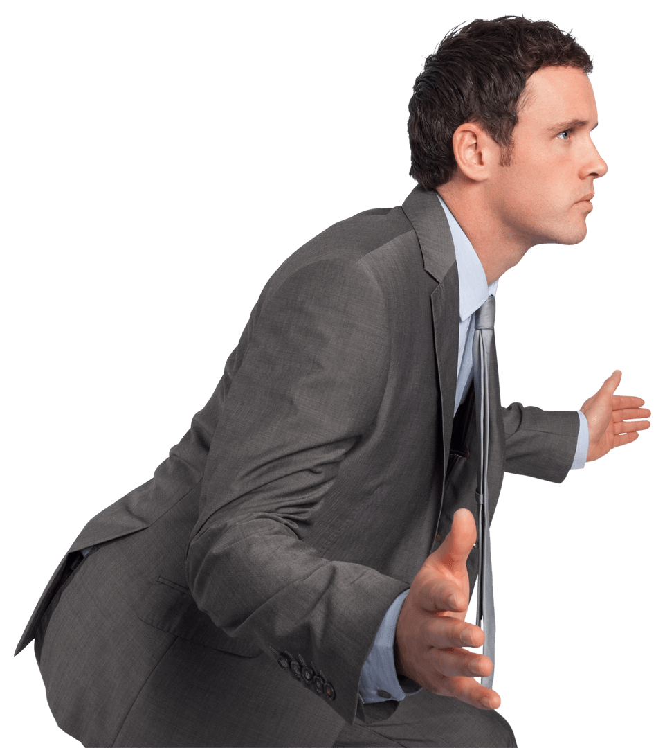 Businessman in Gray Suit Posing with Open Hands Transparent Background