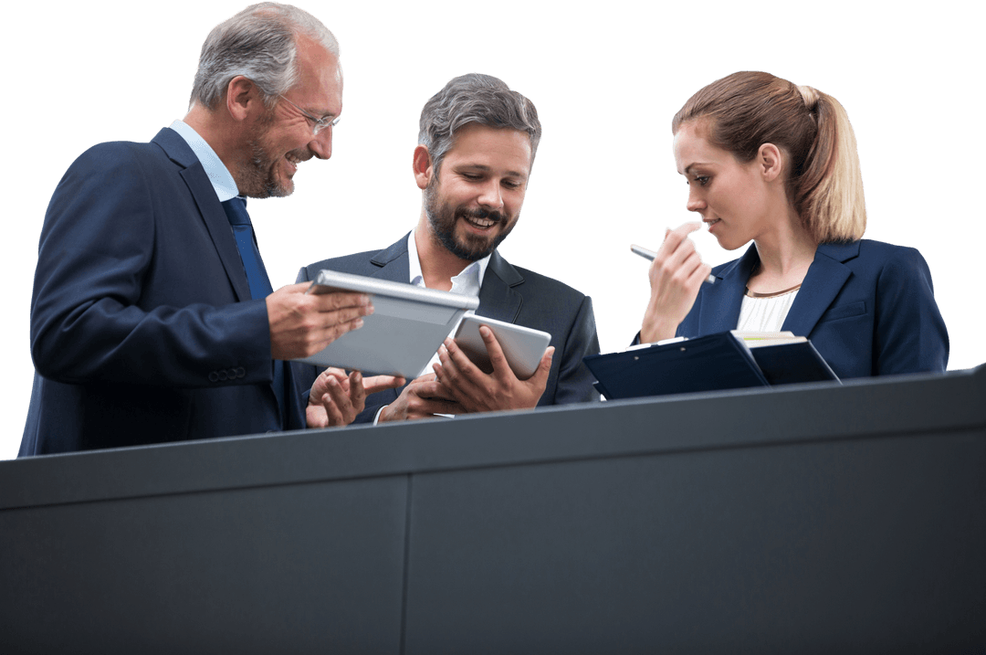 Transparent Team Discussing Business Strategy with Tablets