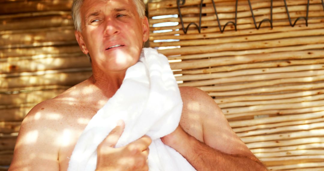A middle-aged Caucasian man is wiping sweat from his body with a white towel, with copy space - Free Images, Stock Photos and Pictures on Pikwizard.com