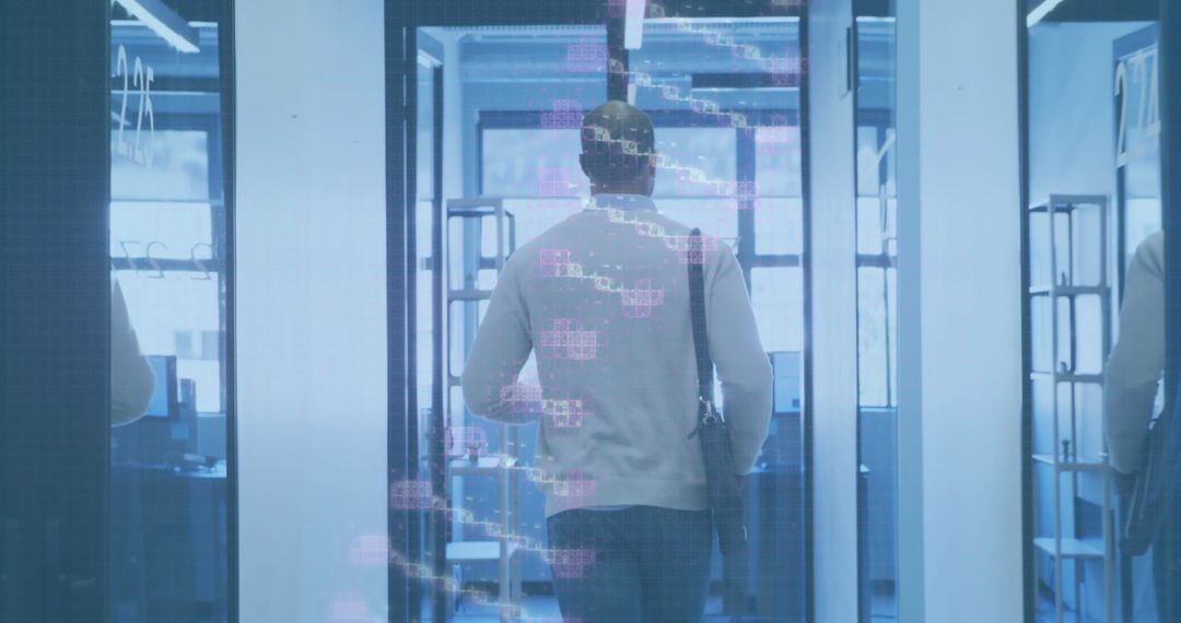 Professional Man Walking Through Futuristic Office Corridor