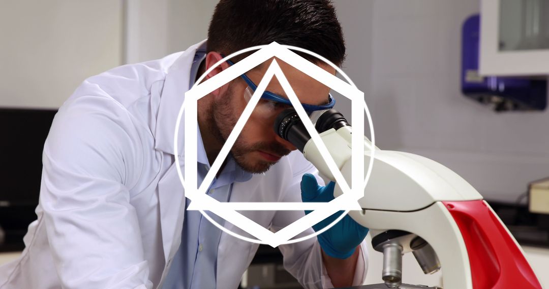 Scientist Analyzing Microscope Sample with Geometric Overlay
