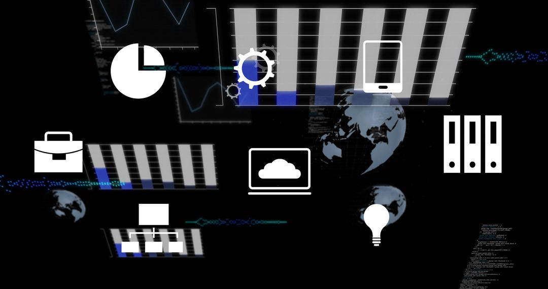 Futuristic Data Visualizations with Technology Icons on Dark Background